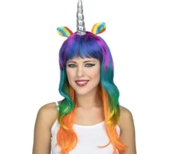 Parrucca unicorno multicolore con corno e orecchie